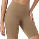 ODODOS Women's Crossover Yoga Shorts with Back Pocket, 8" Buttery Soft V High Waist Lounge Biker Shorts, Light Brown, Large (L)