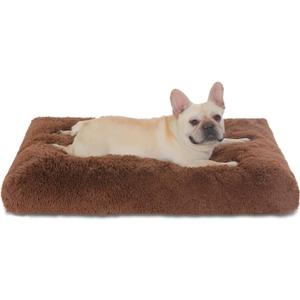 Bedfolks Waterproof Crate Bed, Plush Pad with Removable Cover, Faux Fur for Large Dogs, Washable Kennel Bed 35"x23", Solid Brown