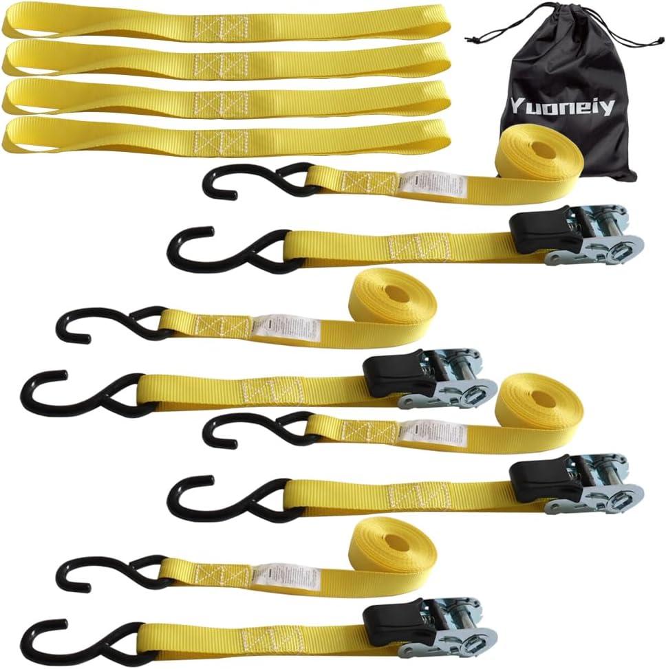 Ratchet Straps Tie Downs (4-Pack) - 1 Inch x 15 Feet (1,500lb Break Strength) for Moving, Trailer, Motorcycle Tie Down Straps Soft Loops