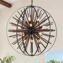 31" 16-Light Farmhouse Wood Sputnik Chandelier Black Hanging Light, 31in