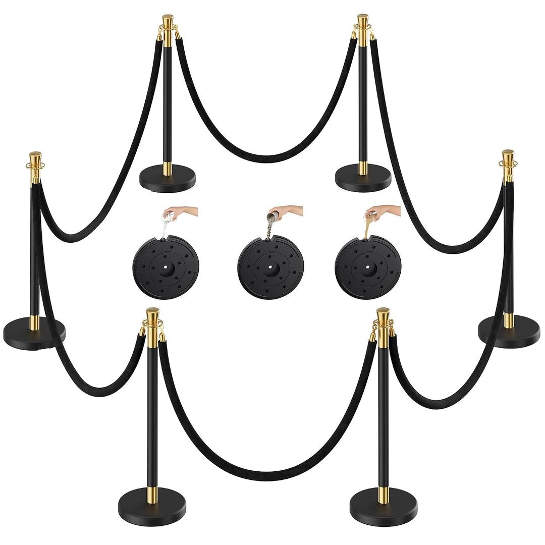 CAMMOO 6pcs Sturdy Stanchion Posts, 6pcs High Quality Black Velvet Ropes, Water/Sand/Concrete Fillable Leakproof Base, Crowd Control Barriers for Birthday, Prom, Business, Wedding, Red Carpet