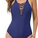 Cromi Women's Cutout One Piece Swimsuit Deep V Neck Cross Back | Deep V Monokini, Removable Pads, Adjustable Crisscross Straps, Stretch Fabric, Bathing Suit for Beach and Pool (Blue, XL)
