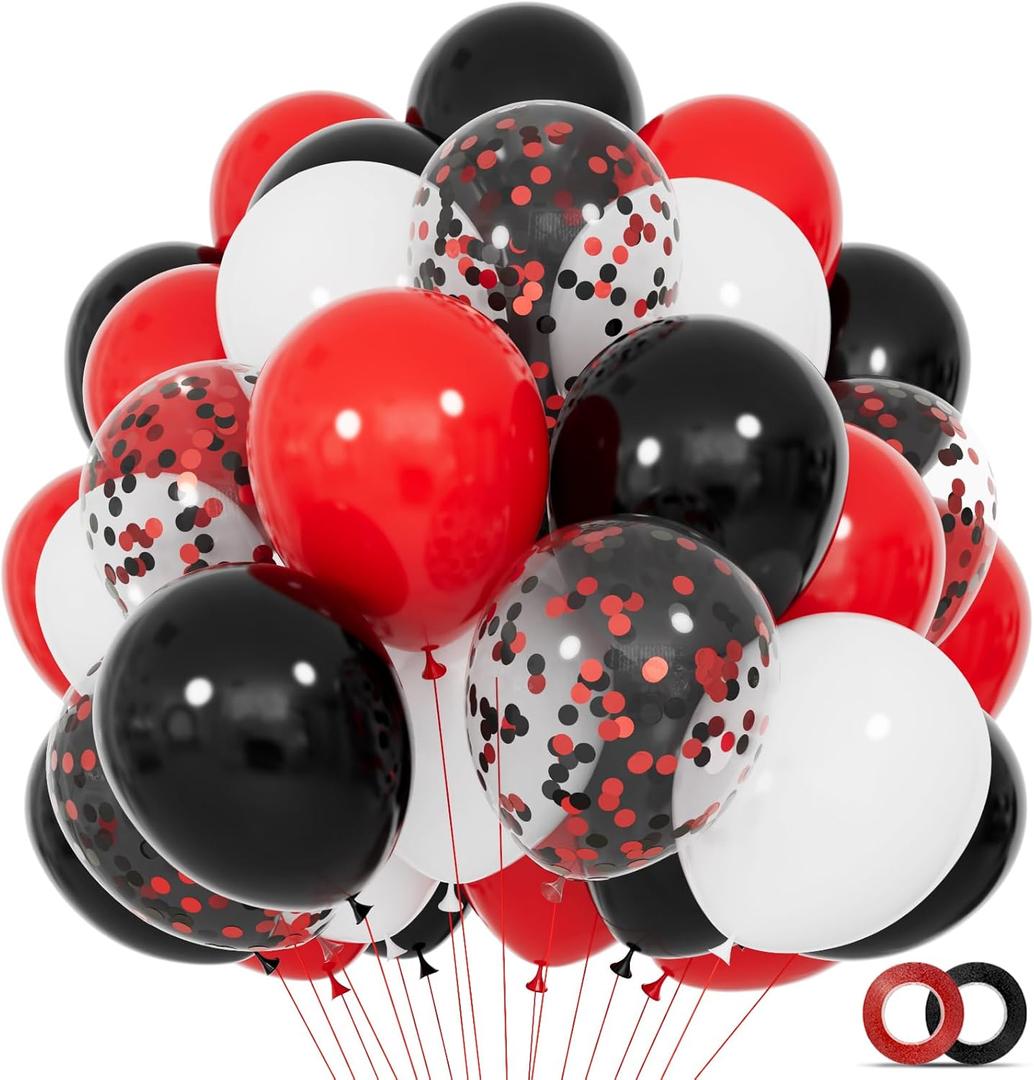 68Pcs Red Black White Latex Balloons 12 Inch with Black Red Confetti Balloons for Birthday, Wedding, Baby Shower, Graduation Poker Card Party (Heihongbai)