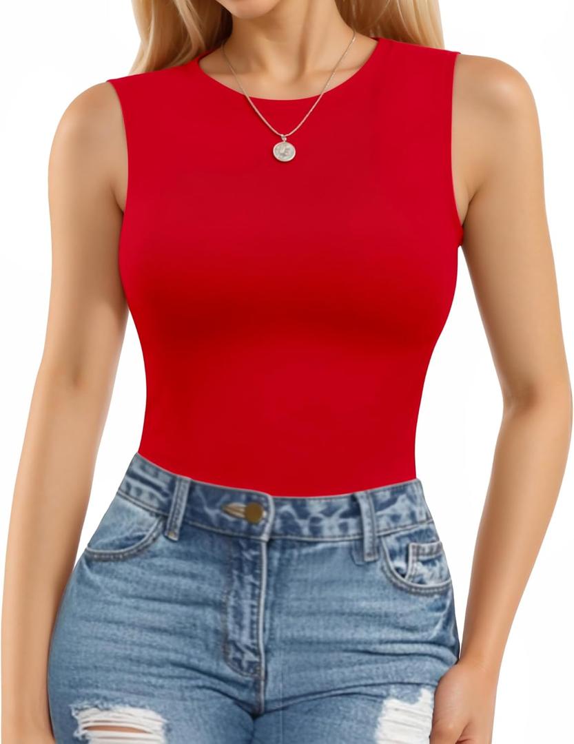 MANGOPOP Sleeveless Bodysuits for Women Crew Neck Tank Top Body Suit Basic Slim Fit Bodysuit Tops (X-Large, Red)