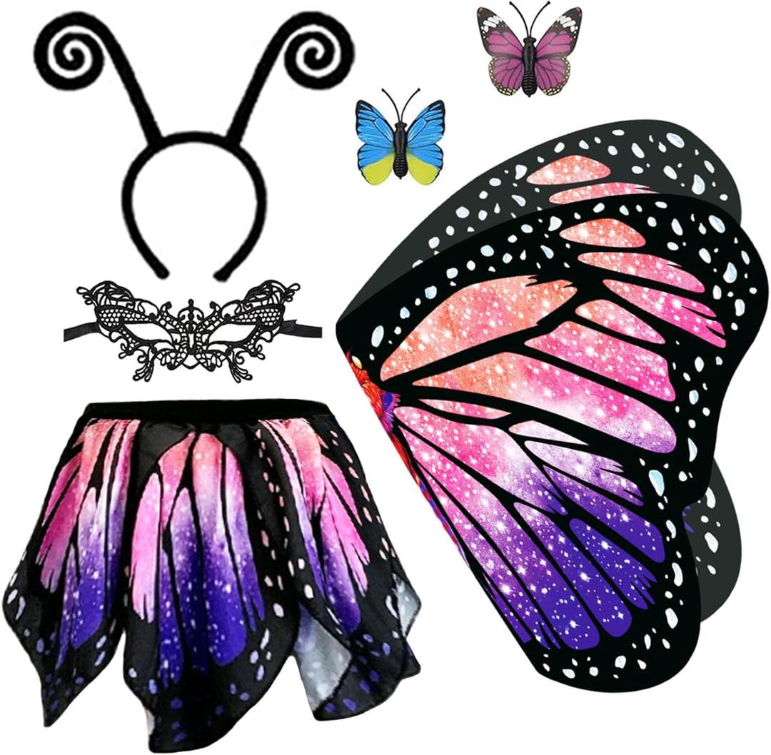 yamisan Butterfly Costumes for Girls, Kids Butterfly Wings with Skirt Dress Up for Halloween Party Costume Set (Pink)