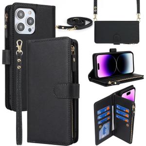 iCoverCase Compatible with iPhone 15 Pro Max Crossbody Case with Strap, Wallet Phone Case Card Holder [Not Detachable] PU Leather Kickstand Zipper Lanyard Case 6.7" (Black)