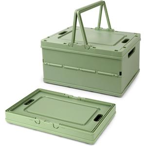 Collapsible Storage Crate, Foldable Plastic Basket with Lid and Handle, Foldable Storage Box Crate Bin for Home Kitchen Office Bathroom Bedroom Pantry (Green, 2-Pack)