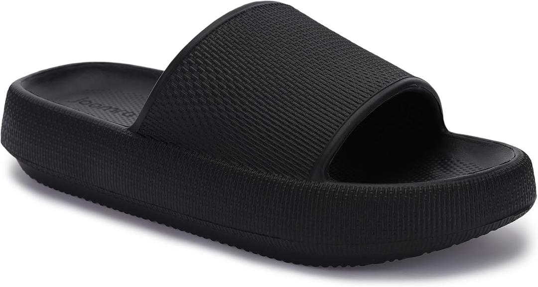Joomra Pillow Slippers for Women and Men Non Slip Quick Drying Shower Slides Bathroom Sandals | Ultra Cushion | Thick Sole (9-10 Women/7.5-8.5 Men, Black)