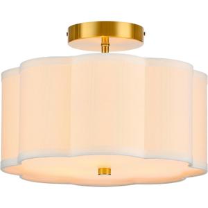 VONLUCE Semi Flush Mount Ceiling Light, 13'' Ceiling Light Fixture with Flower-Shaped Fabric Shade, 3-Light Modern Light Fixture for Bedroom Living Room Nursery Hallway, White Shade & Gold Finish (12.6")