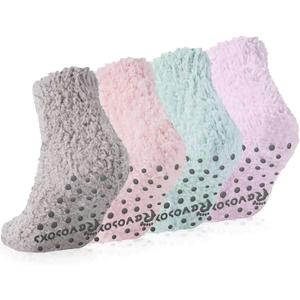 Revosoxs Fuzzy Grip Socks for Women Men, Thick Warm Slipper Cozy Fluffy Non Slip Ankle Hospital socks With Grips(Pink+Grey+Green+Purple)