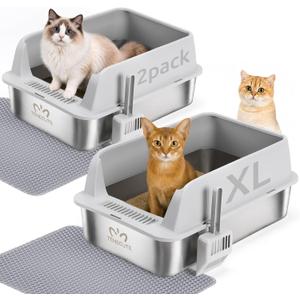2PACK Stainless Steel Cat Litter Box with High Sides Shield for Multi Cat, XL Extra Large Metal Litter Box with 2 Cat Litter Scoops & 2 Mats, Non-Stick, Odorless, Easy to Clean