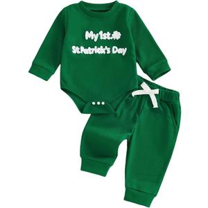 Douhoow Baby Boy St Patricks Day Outfit Infant Boy Girl My 1st St Patricks Embroidered Baby Sweatshirt Romper Pants Set 3-6 Month
