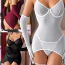 popiv Lingerie for Women Mesh Babydoll Lingeries Lace Chemise Sleepwear Dress Sheer Exotic Boudoir Outfit with Gloves (White, M)