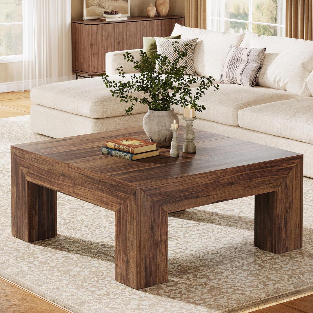 Tribesigns 39.4-Inch Square Coffee Table for Living Room, Farmhouse Center Cocktail Tea Table with Sturdy Wooden Legs, Easy Assembly, MDF, Dark Brown
