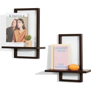 PHOENANCEE Oak Frame, Floating Shelves for Wall, Square Storage Shelf for Living Room, Bedroom, L+S, Set of 2, Walnut