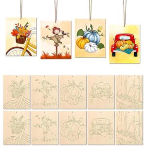 10PCS Large Halloween Unfinished Wood Crafts,Predrilled Wooden Ornaments for Painting,Ghost Witch Bats Designs,Paintable Wood Slices Craft Supplies with Ropes (Autumn)