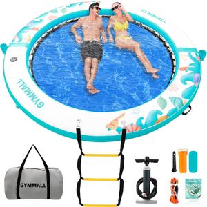Inflatable Water Hammock Floating Dock 8 FT with Mesh, Tanning Pool Raft Round Ring for Adults, Float Platform for Lake and Beach with Water Ladder and Cup Holder