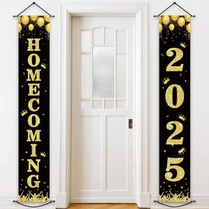 Homecoming Party Porch Banner Homecoming 2025 Door Hanging Decoration Dance Party Backdrop Black Gold Welcome Back to School Porch Sign for University College School Celebration Photo Booth Props