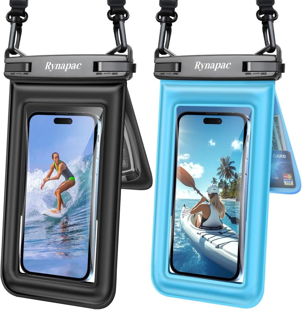 Waterproof Phone Pouch Floating, Double Bags Waterproof Phone Case with Lanyard for iPhone 16 15 Pro Max, Galaxy S24 S23 Ultra, IPX8 Cellphone Dry Bag Beach Cruise Ship Essentials 2 Pack-8.5'' (Black & Blue)