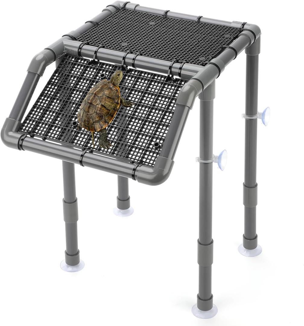 SKARUS Adjustable Standing Turtle Basking Platform (6.49"-15.16" H) 10.8"8.7" Suspended Aquarium Dock with Full-Width Non-Slip Ramp, Above Water Dry Area for 2055 Gallon Tanks