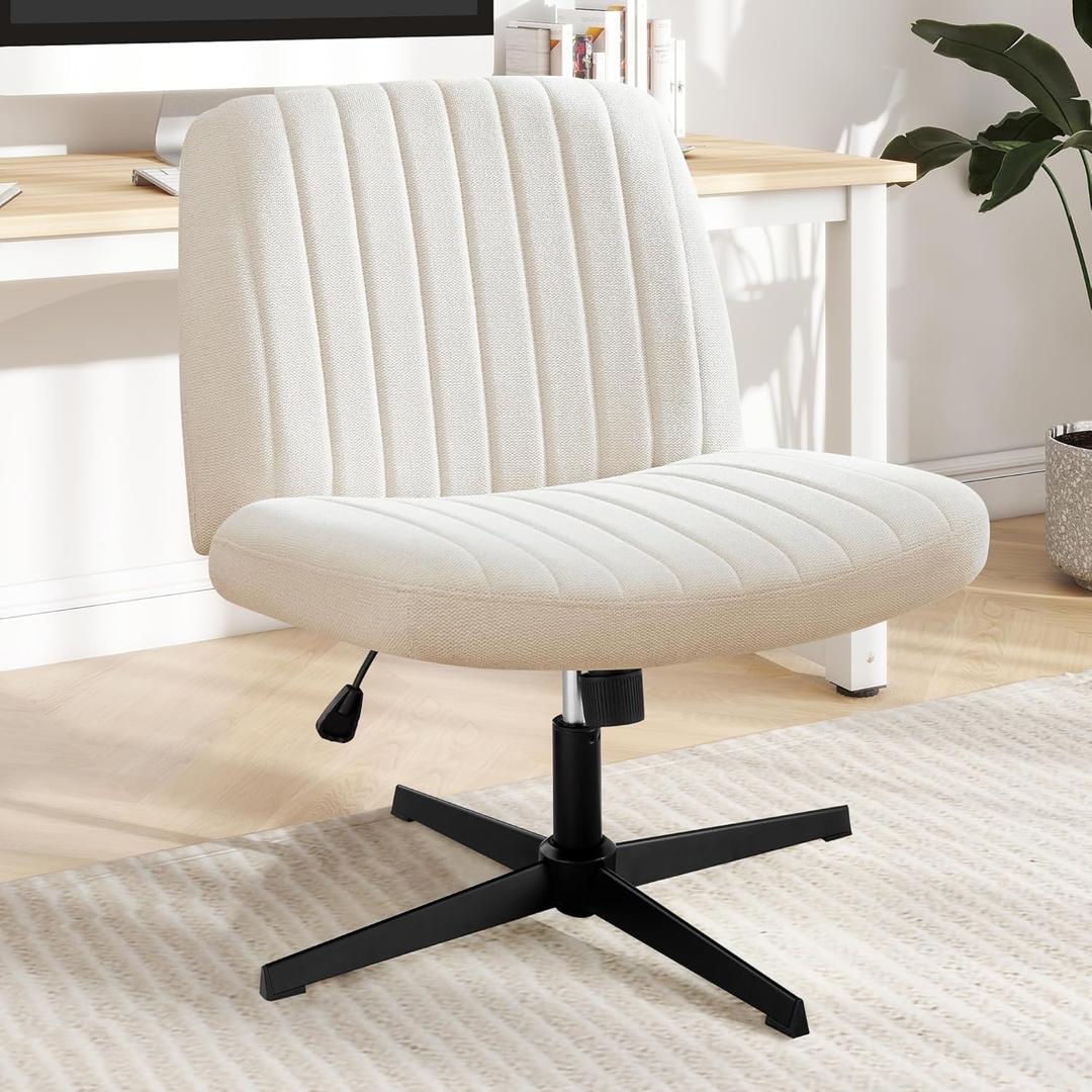 DUMOS Criss Cross Chair Legged Office Wide Comfy Desk Seat, No Wheels Armless Computer Task Seating, Swivel Vanity Home Height Adjustable (Beige)