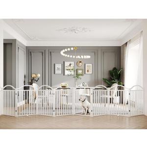BHG Metal No-Assembly Freestanding Dog Gate with Door Walk Through, Extra Wide 96", Extra Tall 32" Pet Gate, Accordion Puppy Folding Playpen Dog Fence, with 4PCS Support (White, 8 Panels)