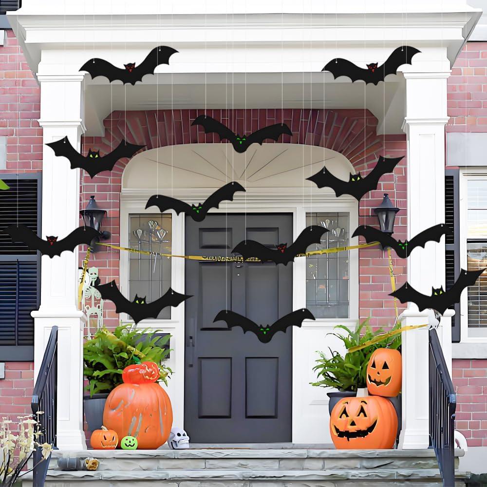 3 x 12PCS Halloween Hanging Bat Decorations with Glowing Eyes, Spooky Realistic Halloween Decorations for Yard Outdoor and Indoor Party Supplies (3 Styles)