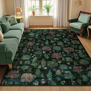 Wonnitar Forest Dark Green Rug for Living Room, Washable 5x7 Area Rugs Ultra-Thin, Boho Soft Non Slip Stain Resistant Woodland Jungle Carpet for Bedroom, Dining Room, Office
