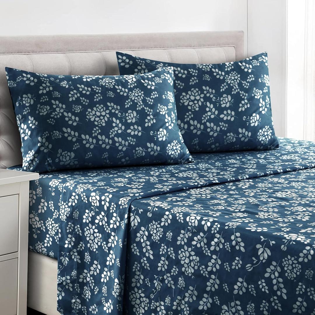 LUX Dcor Floral Full Sheet Set, 4 PC Soft Microfiber Wrinkle Free Sheets - Luxurious Printed Bed Sheets Includes Flat Sheet, Fitted Sheet with Deep Pockets, & 2 Pillowcase, Navy Blue