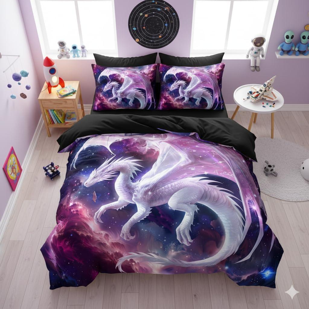 CCoutueChen Pink Dragon Girls Comforter Set Queen Size, Castle Fairy Tale Bedding Set for Kids Teens - 3Pcs Soft Fluffy Galaxy Outer Space Quilt Set with 2 Pillowcases | Queen Size, Western Dragon, Castle Fairy, 3D Animals, 3 Piece