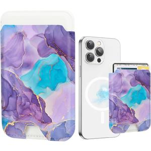 for Magsafe Wallet, Magnetic Wallet Card Holder for iPhone 17/16/16e/15/14/13/12 Pro/Max/Plus/Mini Case, Strong Magnet Phone Pocket Cute Design Credit Card Fit 3 Cards (Purple Blue Marble)