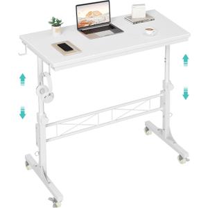 WINAZ Small Portable Treadmill Walking Pad Desk on Wheels, 32 Inch White Adjustable Height Mobile Rolling Standing Teacher Desks, Couch Sofa Side Laptop Stand Up Table for Bedroom, White (31.5)