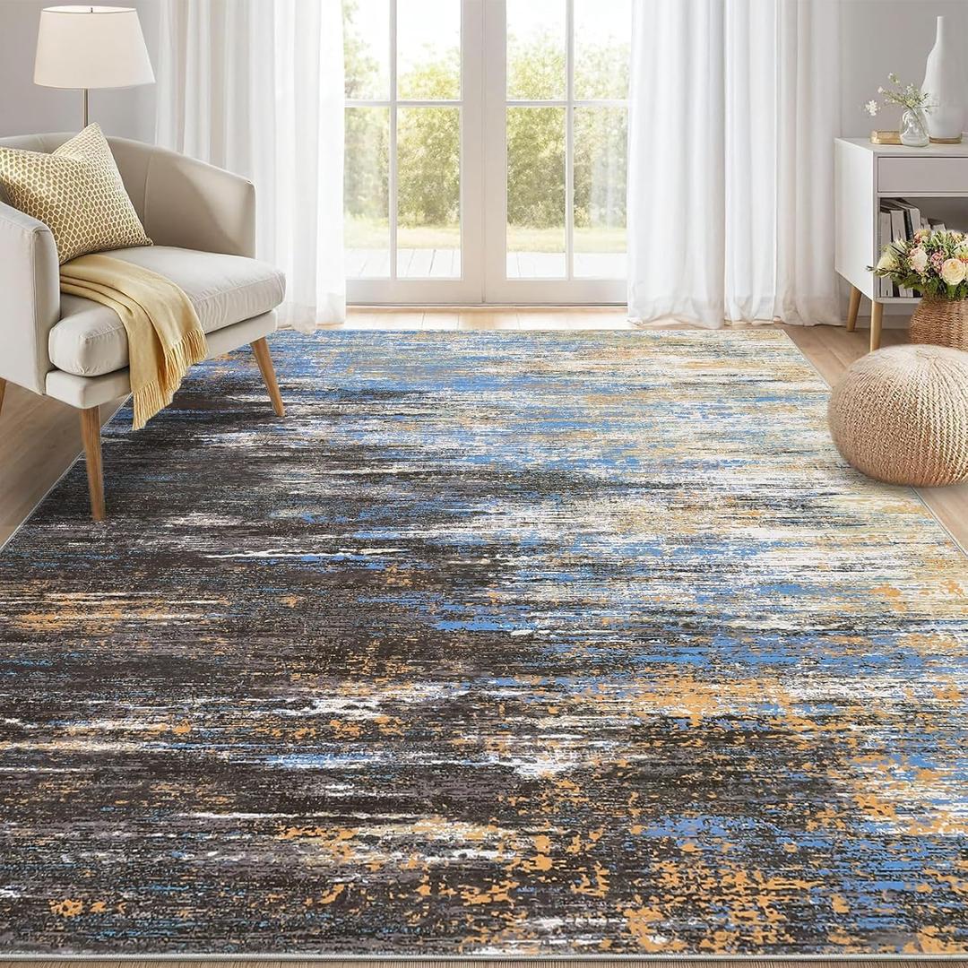 ROYHOME Washable Rug 9x12 Area Rug for Living Room, Non Slip Abstract Rug for Bedroom, Ultra Soft Area Rug, Low Pile Soft Contemporary Indoor Floor Carpet Cover, Blue/Brwon