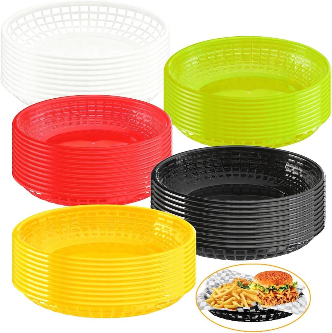 50 Pack Plastic Bread Baskets 9" x 5.7" Oval Fry Fast Food Basket Multicolor Plastic Serving Baskets for Restaurant Supplies, Deli Serving, Chicken, Burgers, Sandwiches, Fries