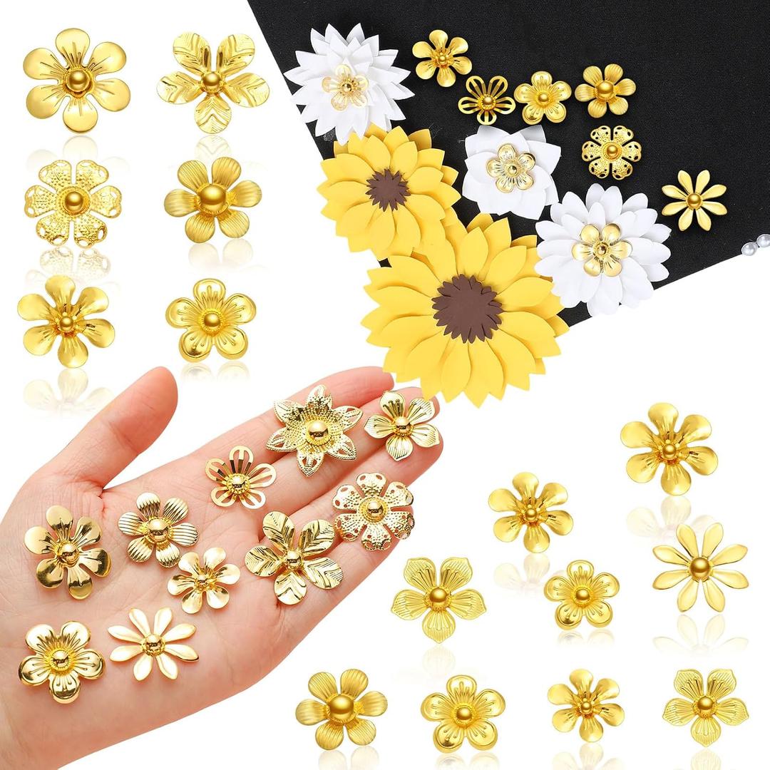 Hotop 60 Pcs Graduation Cap Gold Flower Embellishments Faux Mini Flowers Flat Back Decorations for Grad Cap Topper DIY Craft Art Decor