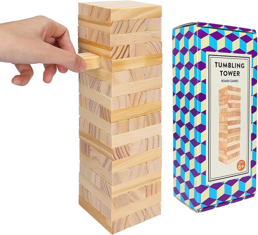 Wooden Blocks Stacking Games - 54 pcs Tumbling Tower Blocks Game for Kids & Adults, Family Board Games, Montessori Toys with Natural Wood Blocks, Portable Stacking Toys Party Games