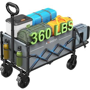 Small Wagon Cart Foldable, Collapsible Wagon with 360 LBS Max Load & Expandable Storage, 90L Foldable Grocery Cart with 2 Cup Holders for Outdoor, Garden, Camping &Groceries-Grey (Gray)