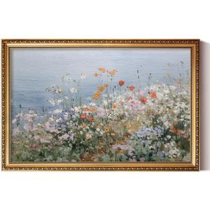 ARPEOTCY Large Vintage Gold Framed Floral Wall Art, Living Room Bedroom Dining Room Wildflower Meadow Coastal Picture Wall Decor,Canvas Artwork, Antique Rustic Nature Painting Farmhouse Decor, 24x36In