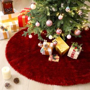 Civaner Burgundy Red Christmas Tree Plush Skirts Decorations Faux Fur Plush Christmas Tree Skirt Merry Xmas New Year Holiday Party Decorations for Indoor Home Ornaments(48 Inch)