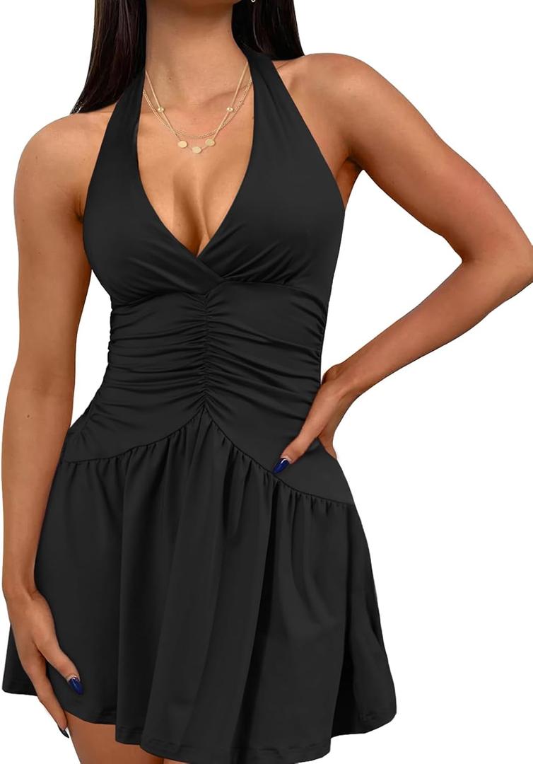 Uni Clau Women's Halter Deep V Neck Backless Ruched Dress Summer Bodycon Party Club Night Out Mini Dress (X-Large, Black)