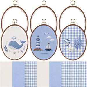 Tudomro 12 Pcs Decorative Embroidery Hoop with Fabric Set 9.3" x 6.8" Oval Imitated Wood Cross Stitch Frame & 11.8" Blue Pre-Cut Embroidery Cloth Squares for Craft Sewing Hanging Ornament