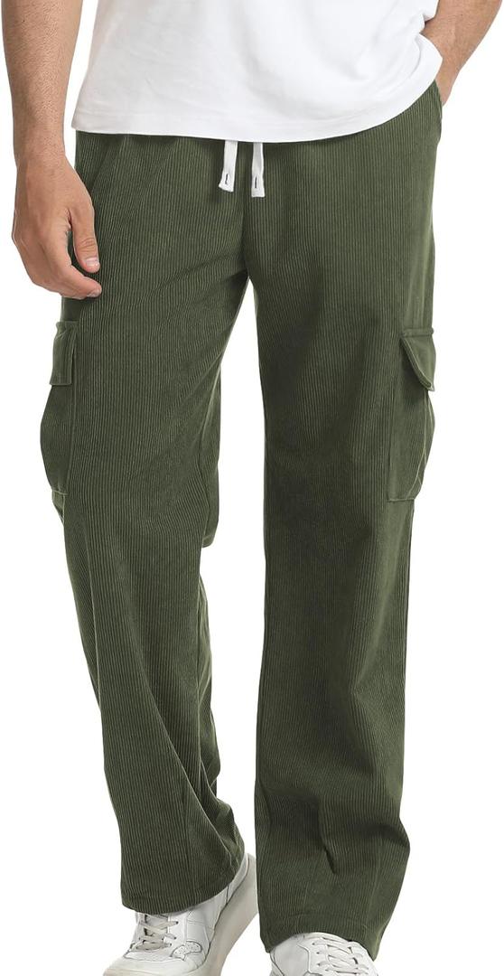 Suwangi Men's Baggy Cargo Corduroy Pants Casual Drawstring Elastic Waist Straight Leg Vintage Sweatpants for Men with Pockets (Large, Army Green)