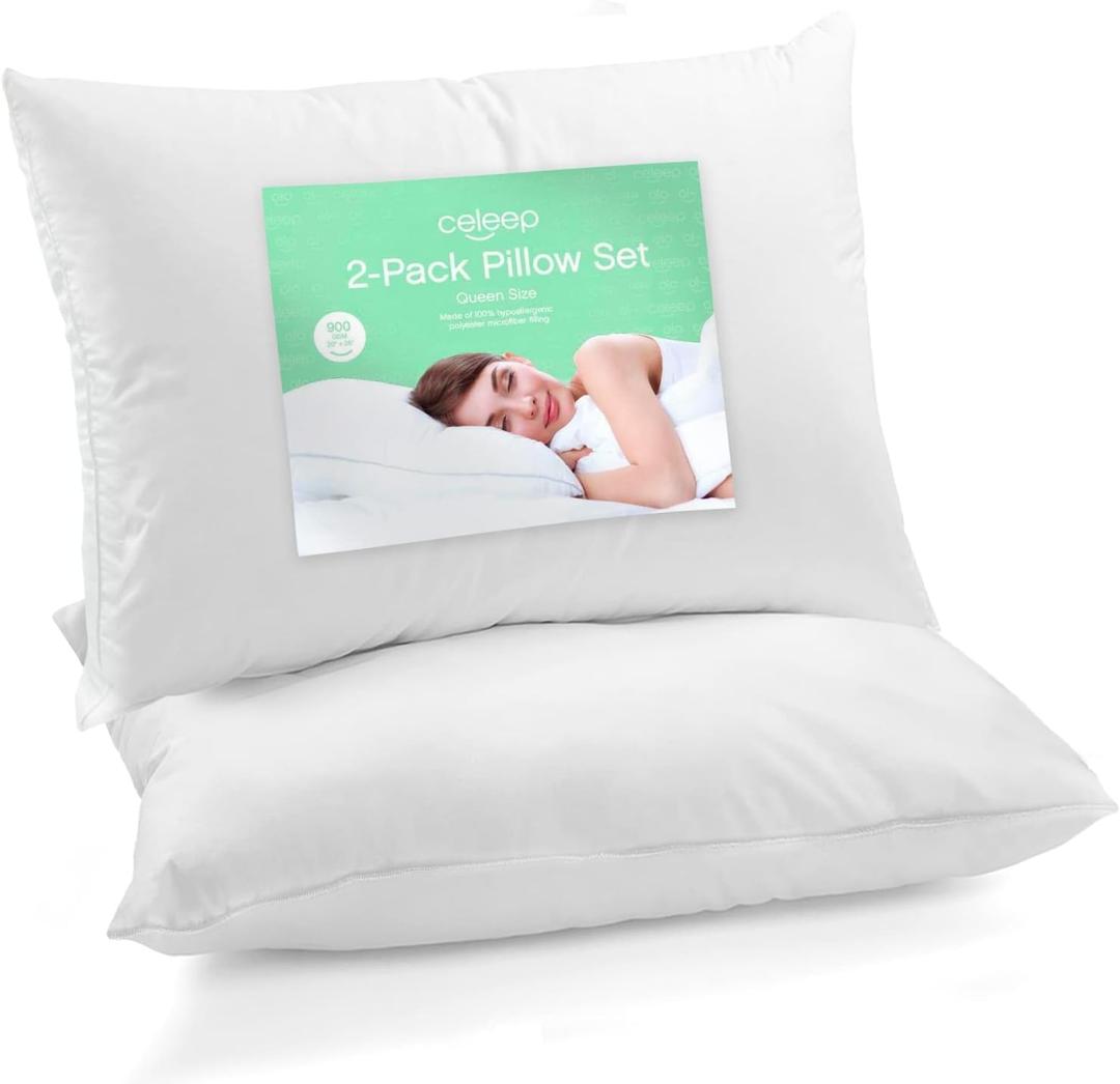 Celeep Bed Pillows (2 Pack) - Pillow Set Queen Size - Hotel Quality Sleeping Pillows for Side, Stomach and Back Sleepers - Microfiber Filling - Soft and Supportive (Queen)