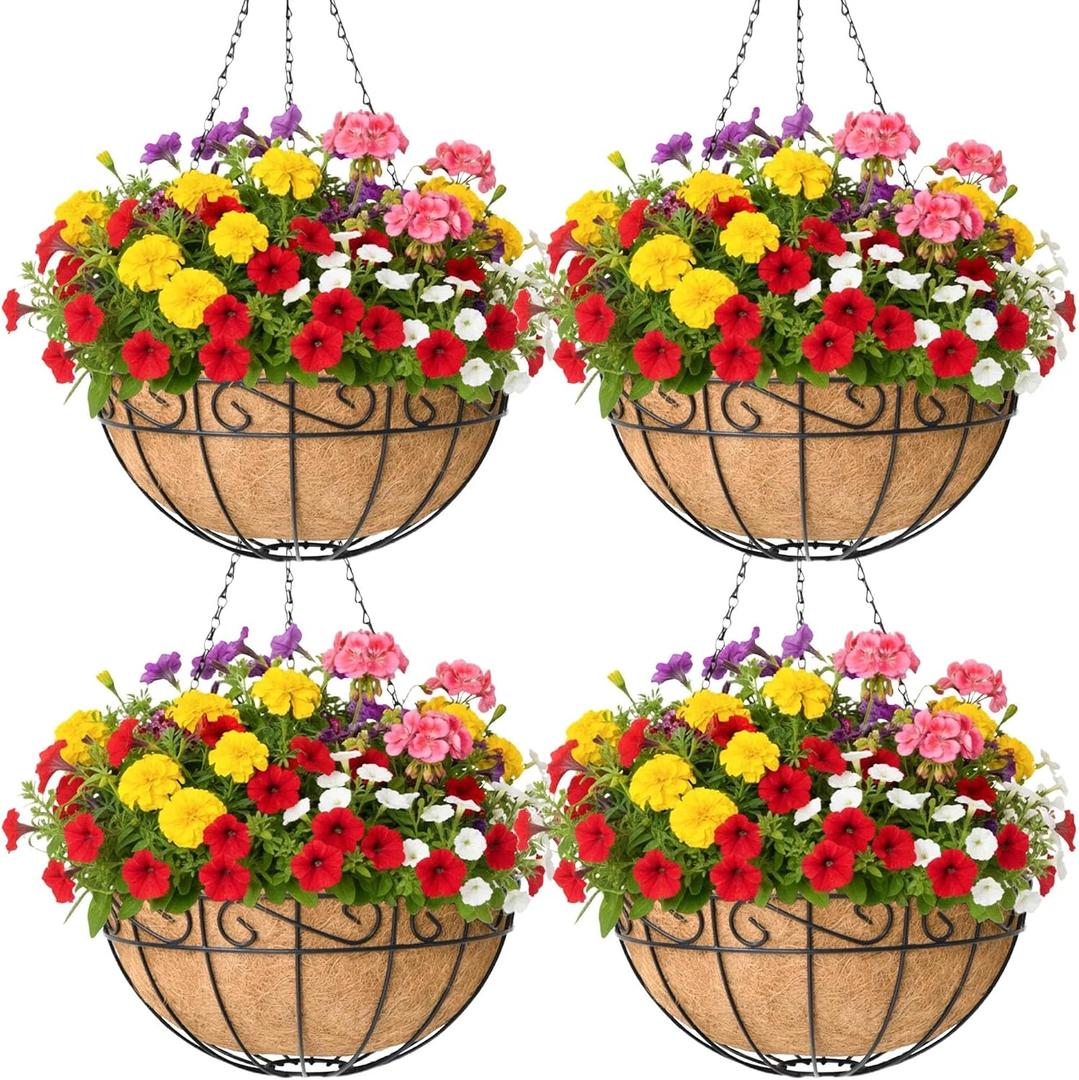 4 Pack 12 Inch Hanging Baskets for Plants Outdoor Metal Hanging Planter Basket with Coco Coir Liner Hanging Flower Baskets Hangings Flower Pots Holder for Garden, Patio(Flower)