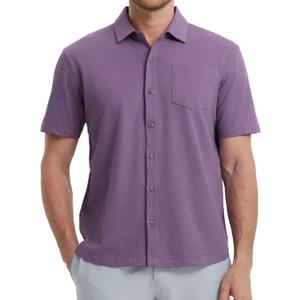 VEBOON Men's Short Sleeve Button Down Shirts Cotton Lightweight Stretch Moisture Wicking Dress Shirt with Pocket (XX-Large, Purple)