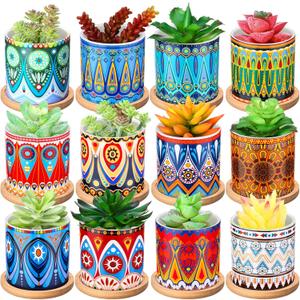 Zopeal 12 Pcs Mandala Ceramic Succulent Pots with Bamboo Trays, Colorful Boho Spring Decor Planters, Small Cactus Plant Pots for Desk Shelf Windowsill, Fiesta Home Decor