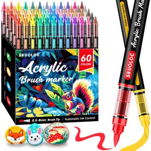 60 Colors Acrylic Paint Markers, Brush Tip Automatic Ink Control Acrylic Paint Pens for Rock Painting, Canvas, Wood, Ceramic, Glass, Stone, Fabric, DIY Crafts Textile & Art Supplies