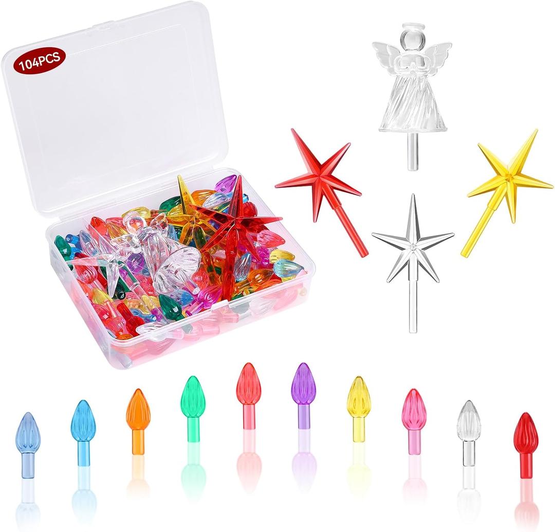 104 PCS Ceramic Christmas Tree Lights Replacement Bulbs, 10 Colors Vintage Ceramic Christmas Tree Lights & Bulbs - Light Bright Pegs with Angel and Star Toppers