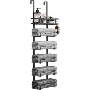 Aetyord Hanging Towel Racks for Bathroom No Drill - 6-Tier Over The Door Bath Towel Storage Organizer for Small Bathrooms - Tiered Back of Door Towel Holder Hanger for Rolled Towels RV Camper Black