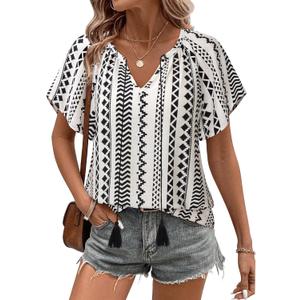 Unixseque Summer Tops for Women Casual Boho Blouses Short Sleeve V Neck Shirts Tie Front 2025 Trendy Beach Vacation Clothes (XX-Large, Black White Stripe)